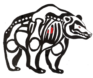 Drawing of bear with a B&W internal skeletal sturcture and a red heart within